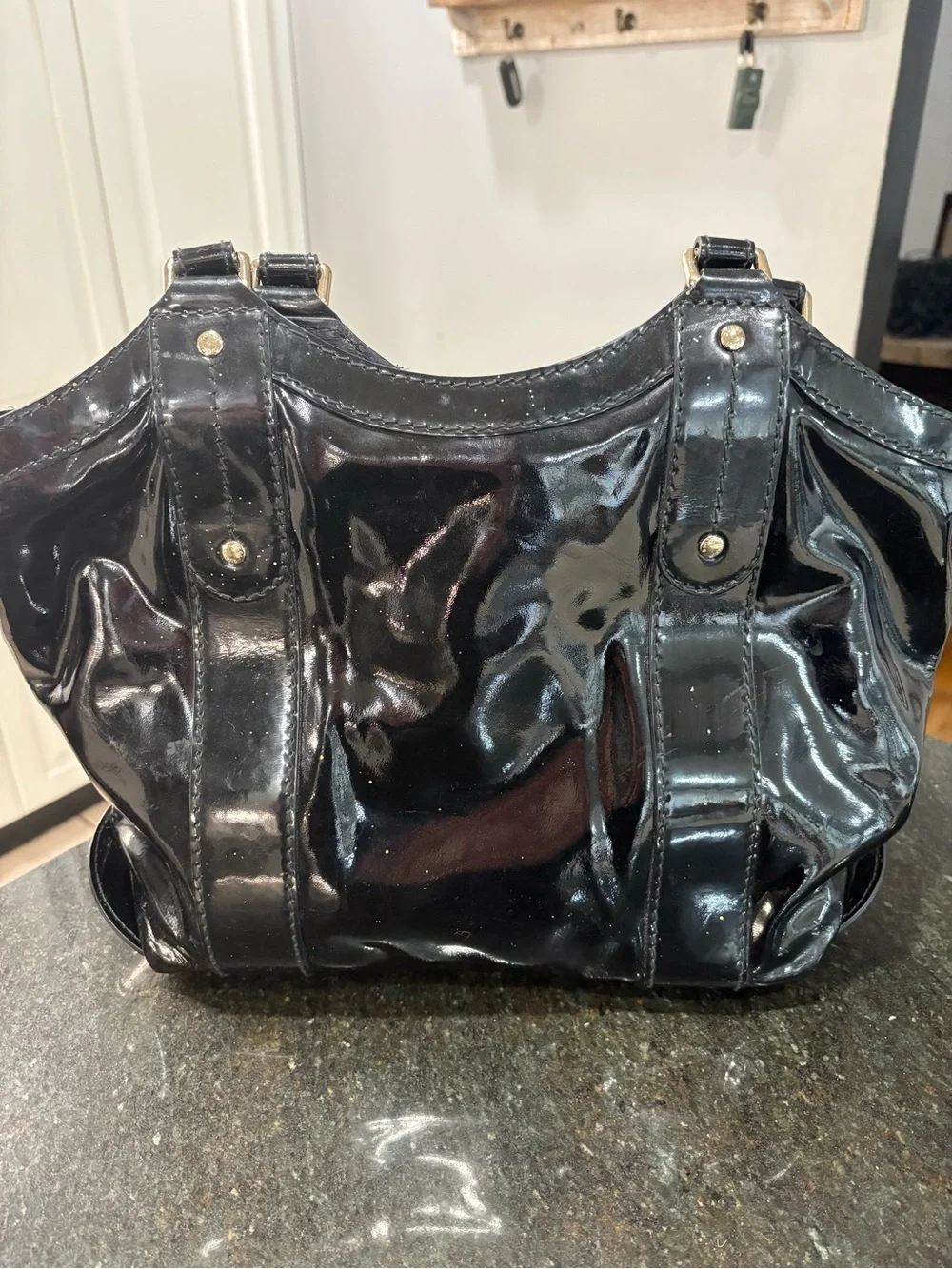 Gucci Black Patent Leather Shoulder Bag with Logo Tag